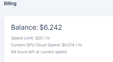 Runpod billing panel showing account balance, spend limit, current GPU cloud spend, and hours left at current spend