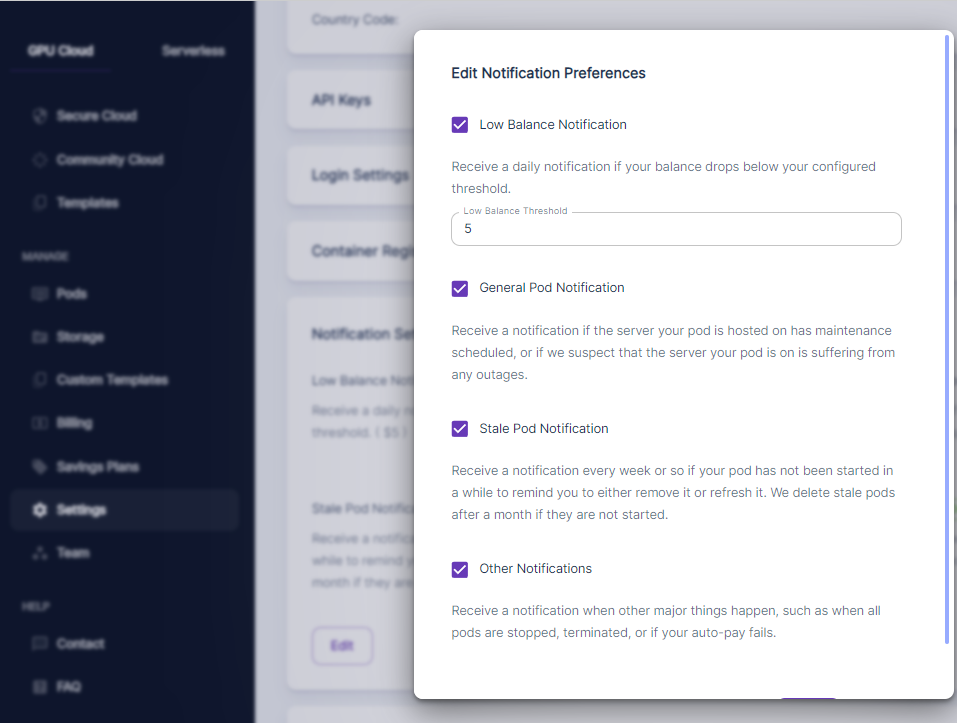 Runpod console Edit Notification Preferences dialog with low balance, pod, and other notification toggles