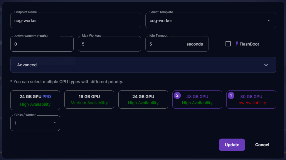 Runpod serverless endpoint settings for cog-worker with worker counts and prioritized GPU selection