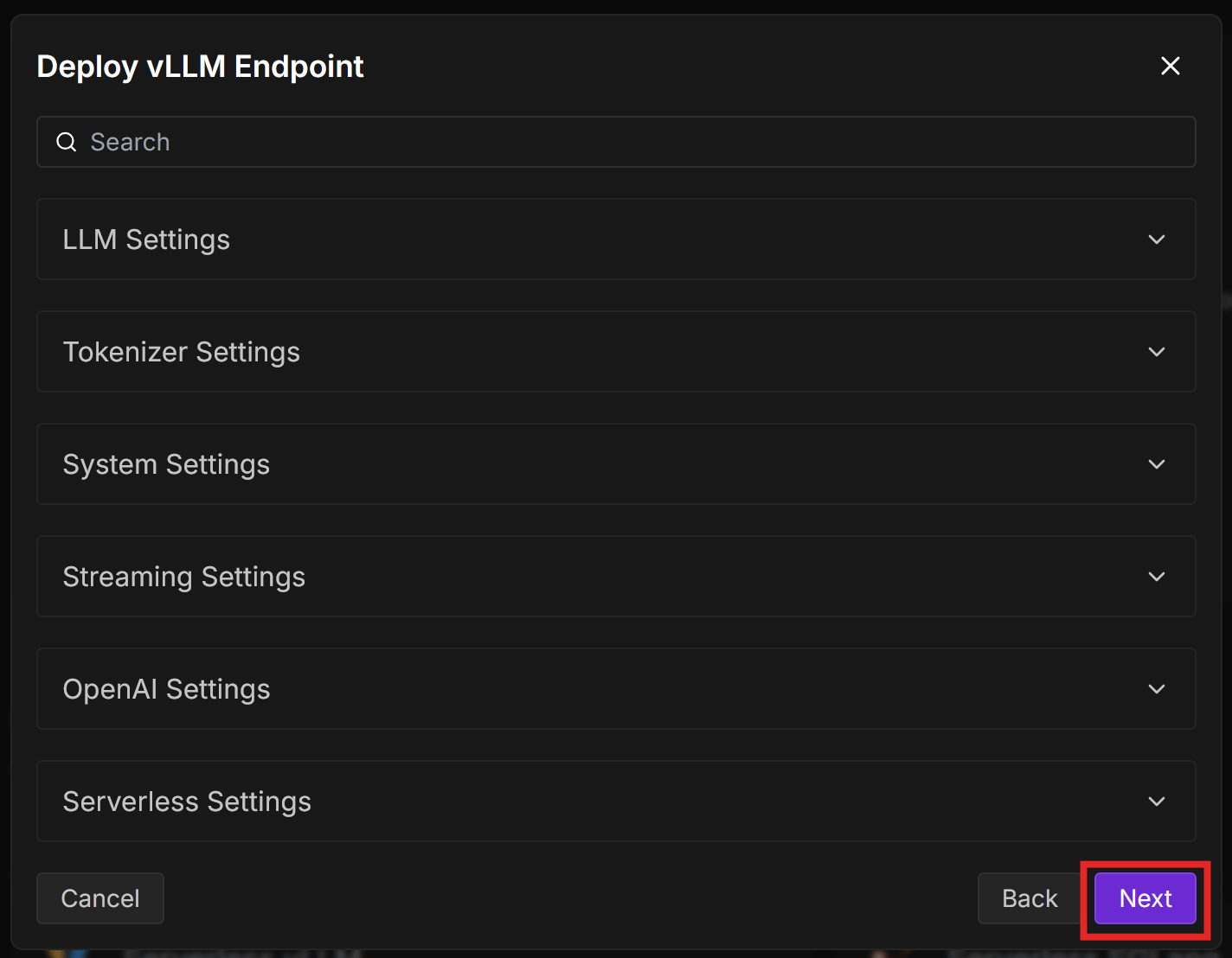 Runpod console vLLM endpoint settings sections with the Next button highlighted
