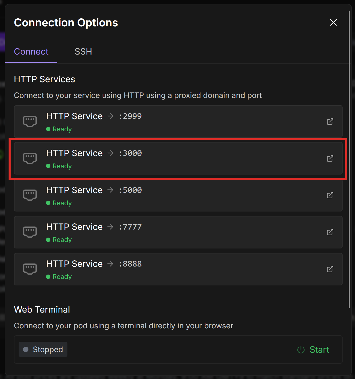 Runpod Connection Options dialog with the HTTP service on port 3000 highlighted