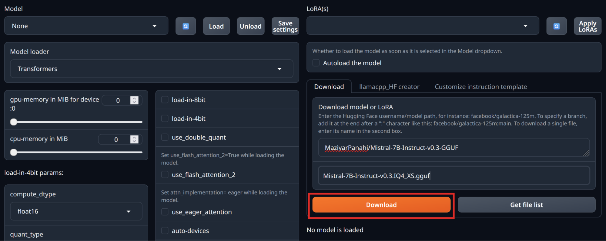Text generation web UI model tab with the Mistral-7B GGUF download fields and Download button highlighted