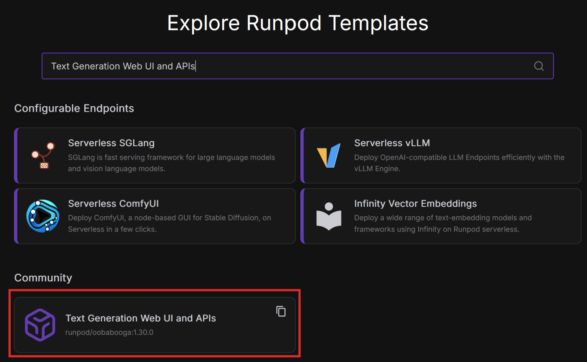 Explore Runpod Templates page with the Text Generation Web UI and APIs community template highlighted