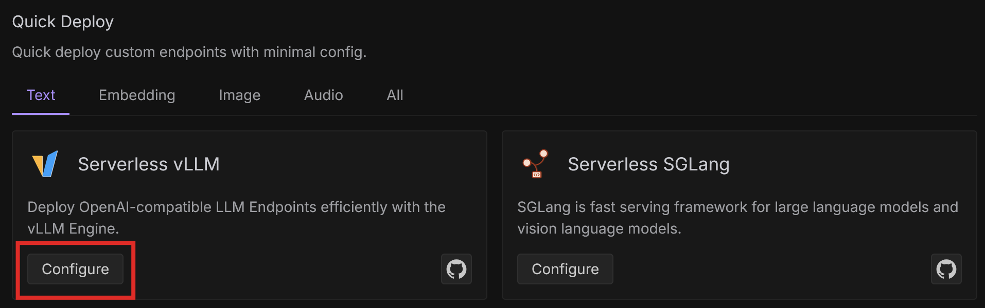 Runpod console Quick Deploy section with the Serverless vLLM Configure button highlighted