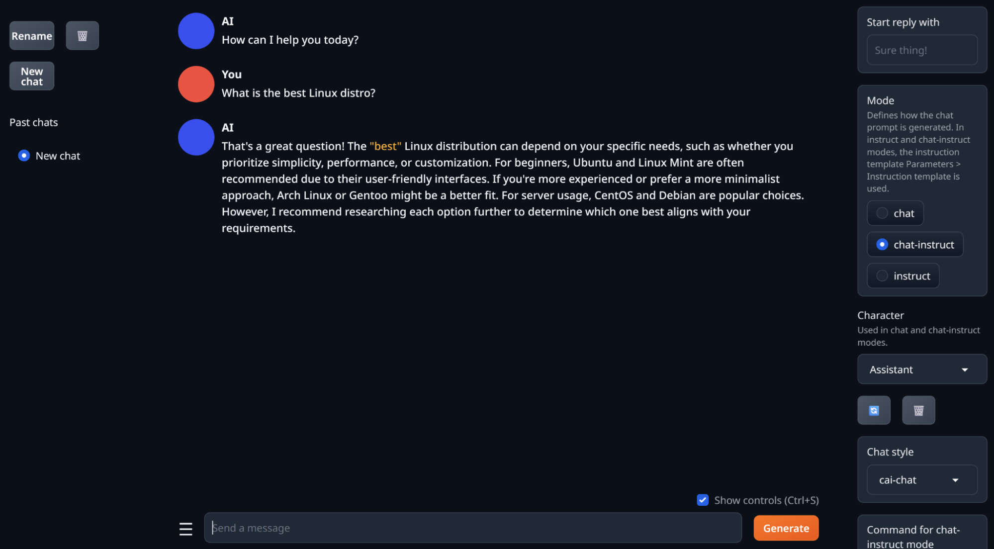 Text generation web UI chat session answering a question about the best Linux distro
