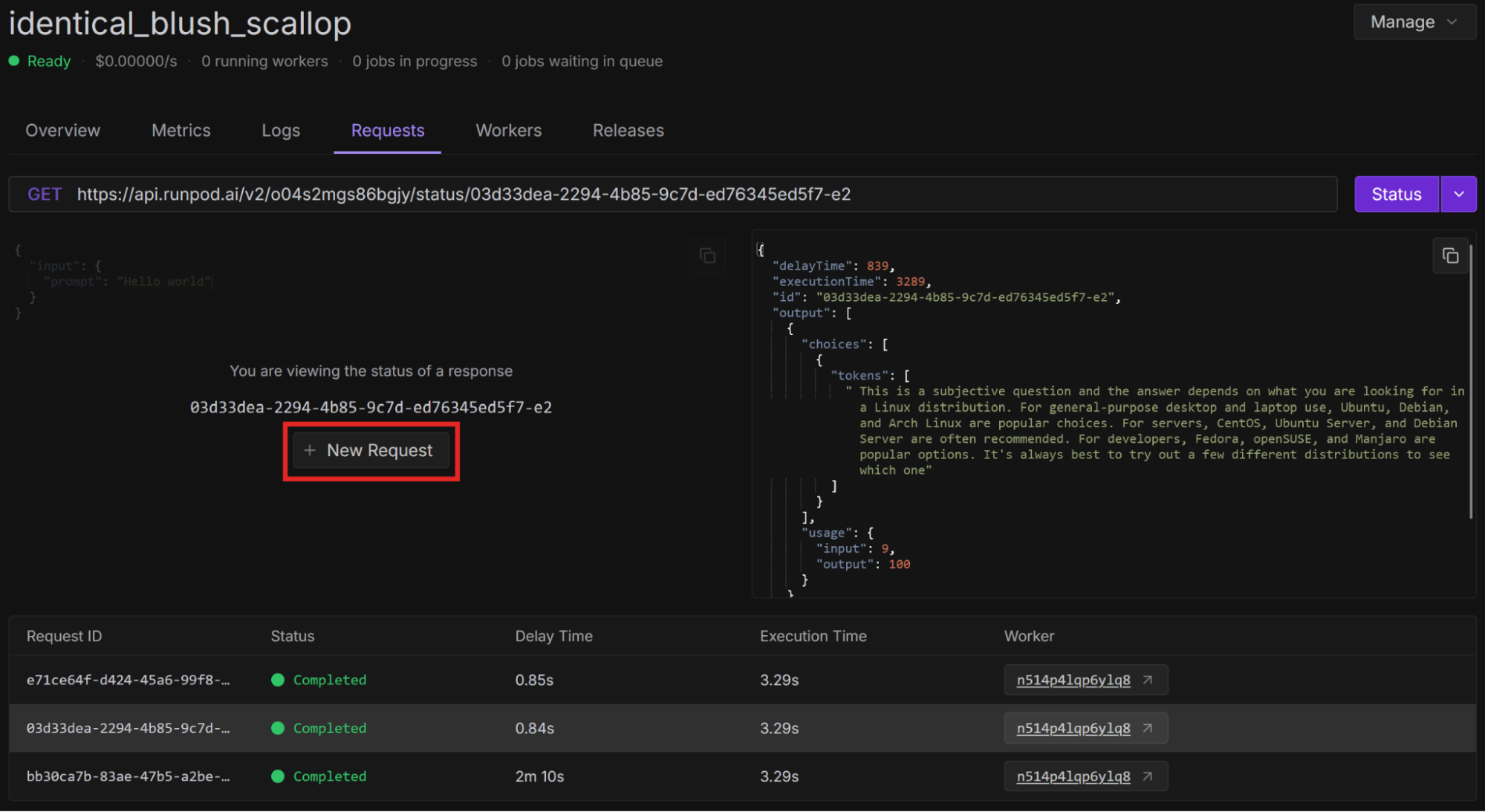 Runpod console endpoint Requests tab showing a completed request with JSON response output