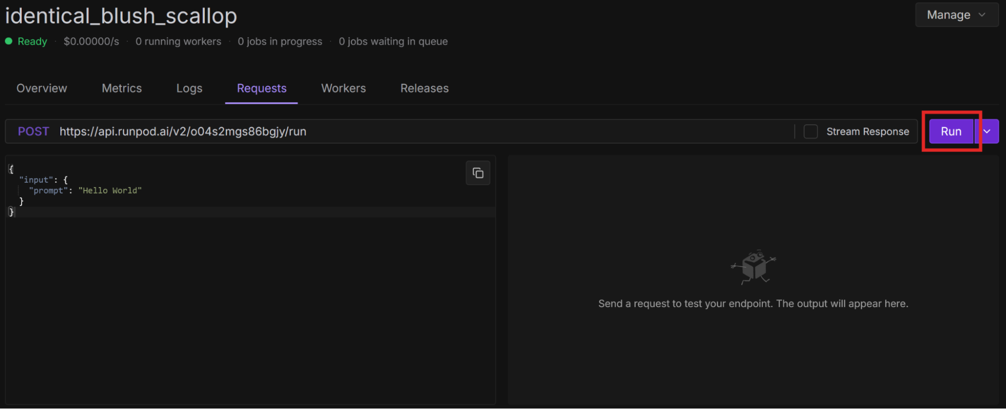 Runpod console endpoint Requests tab with a Hello World test prompt and the Run button highlighted