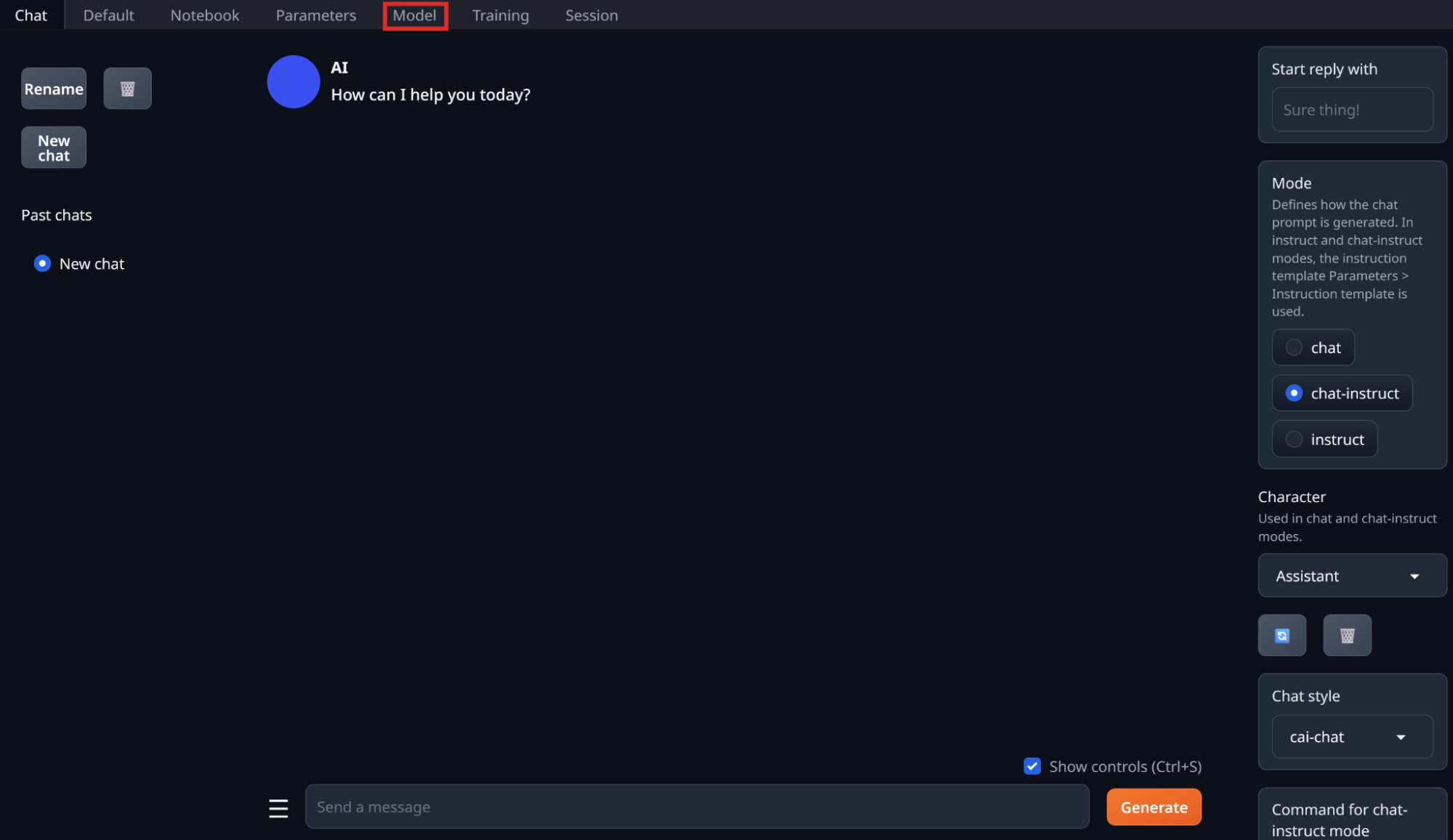 Text Generation Web UI chat interface with the Model tab highlighted