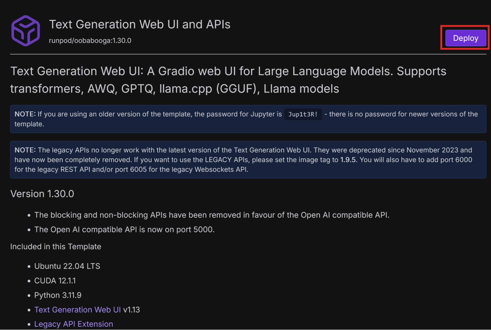 Text Generation Web UI template details in the Runpod console with the Deploy button highlighted