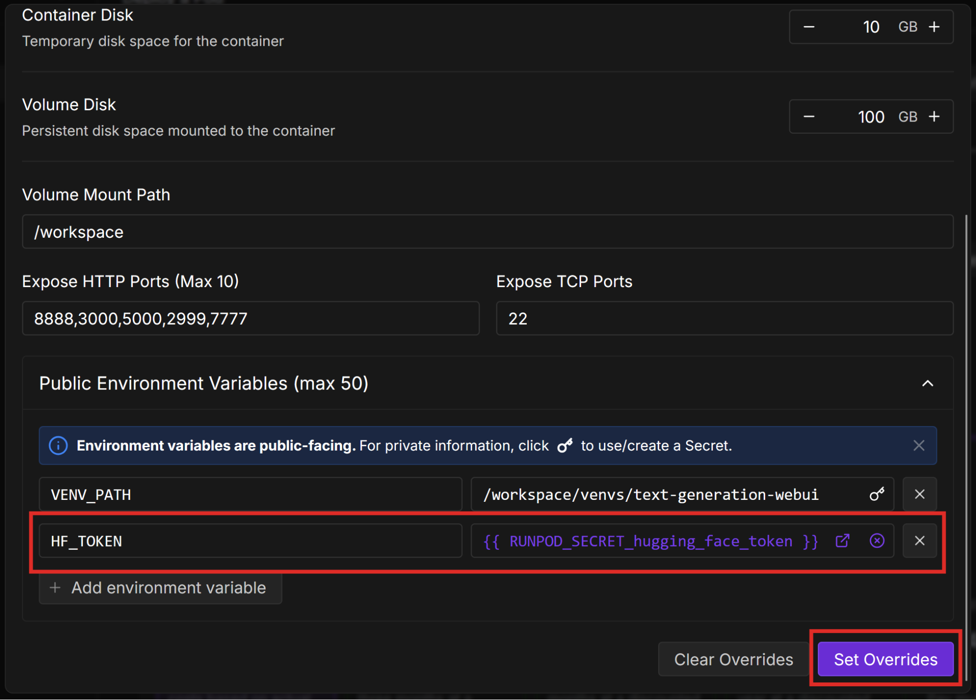 Runpod template overrides with an HF_TOKEN environment variable and the Set Overrides button highlighted