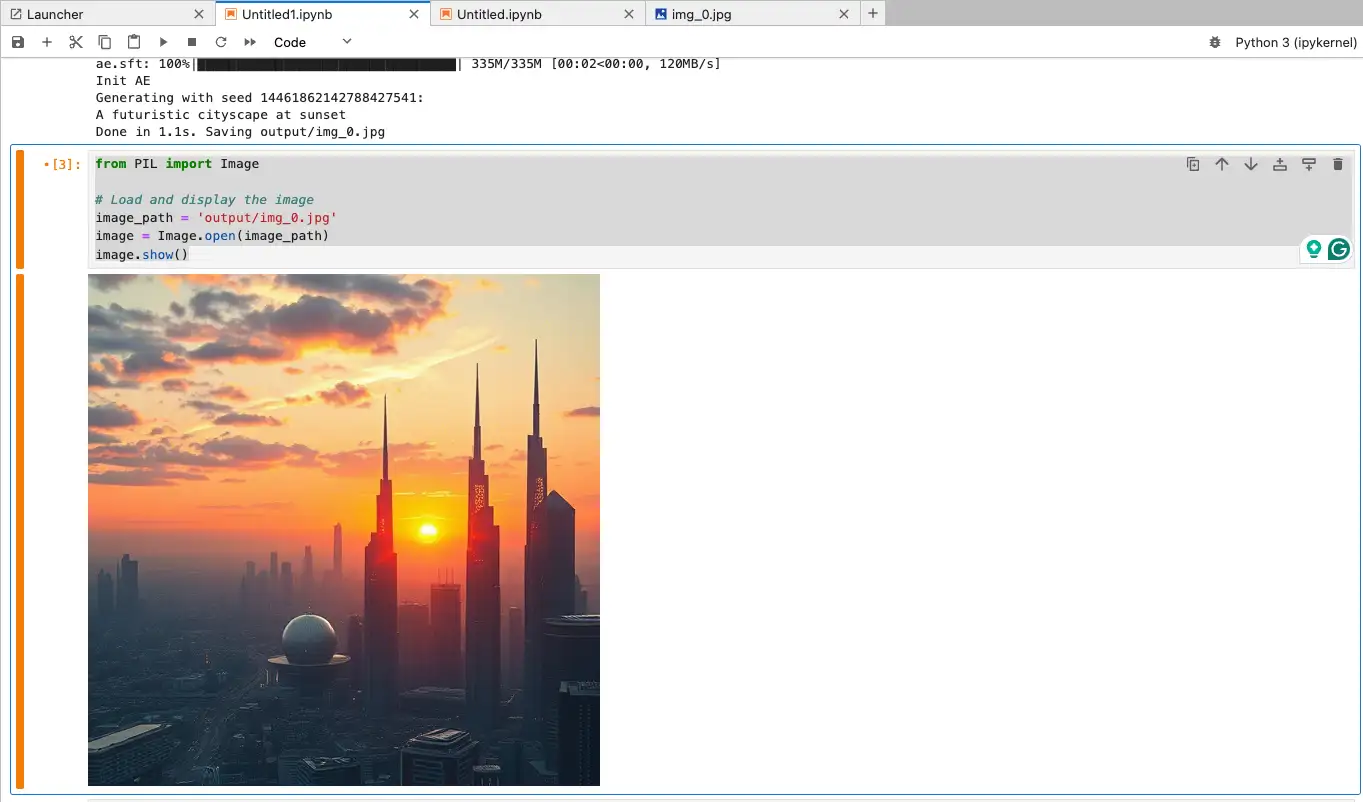 Jupyter notebook displaying an AI-generated futuristic cityscape at sunset loaded with PIL