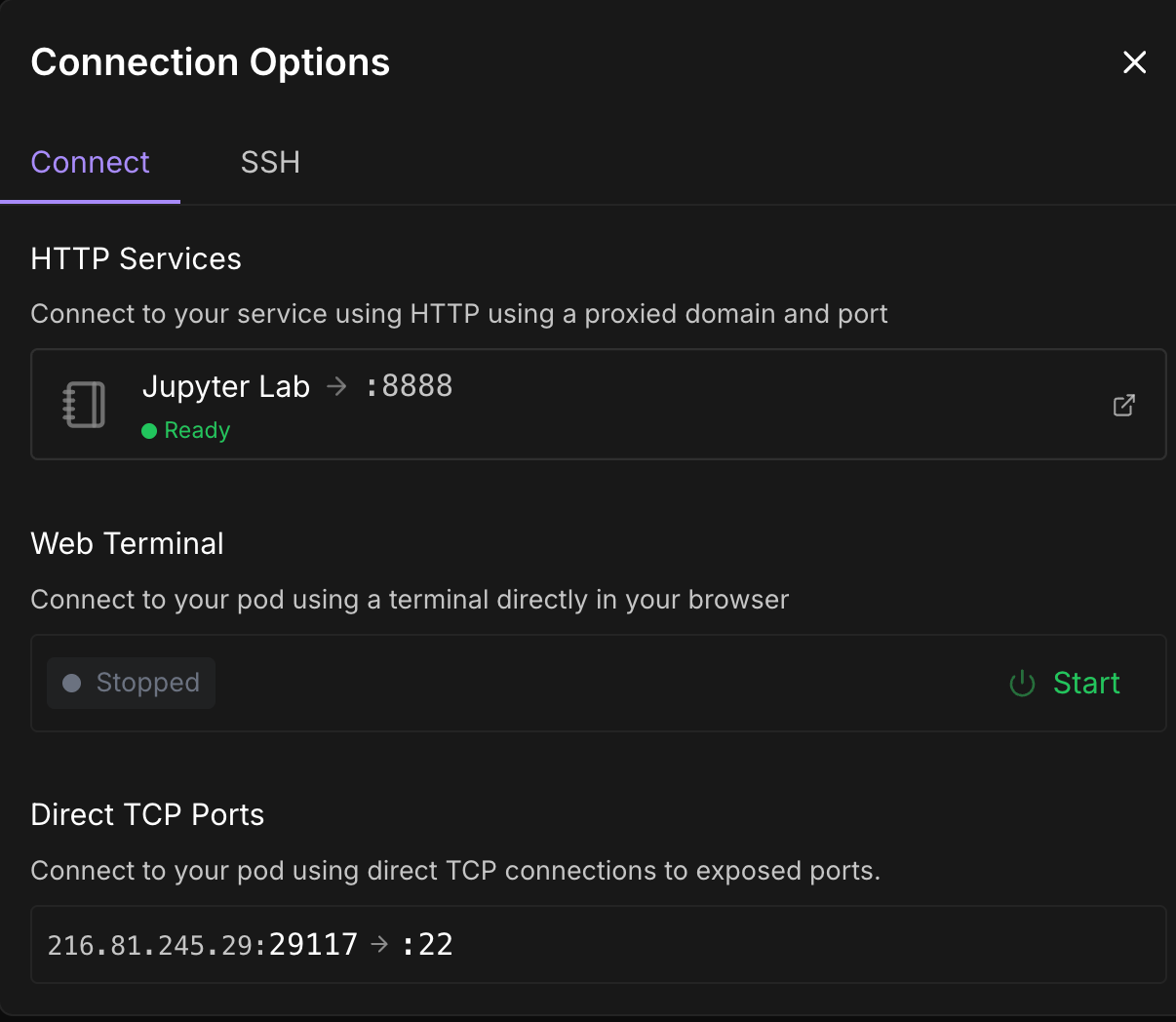 Pod Connection Options modal showing Jupyter Lab ready on port 8888, web terminal, and a direct TCP port