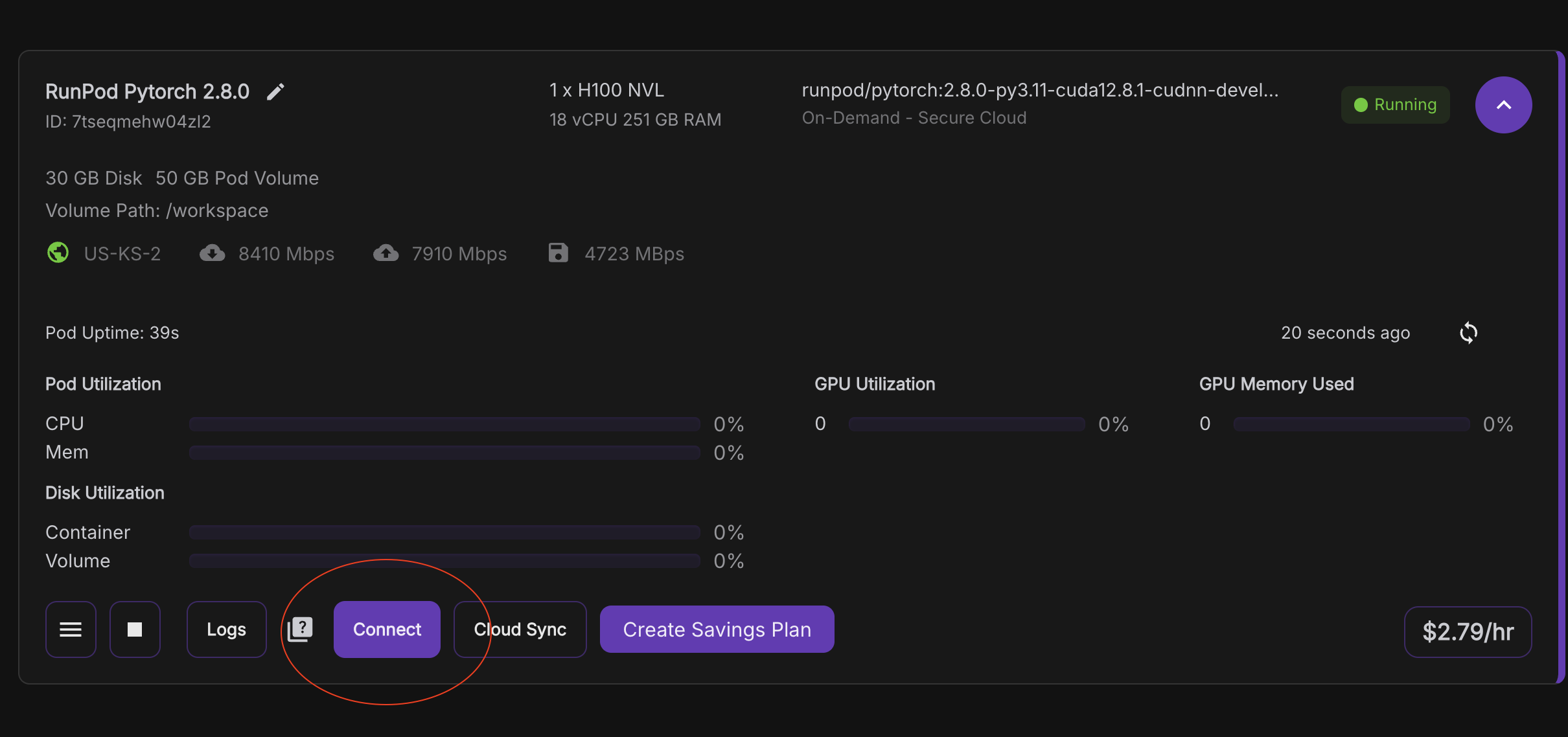 Running Runpod PyTorch pod on an H100 NVL with utilization stats and the Connect button circled