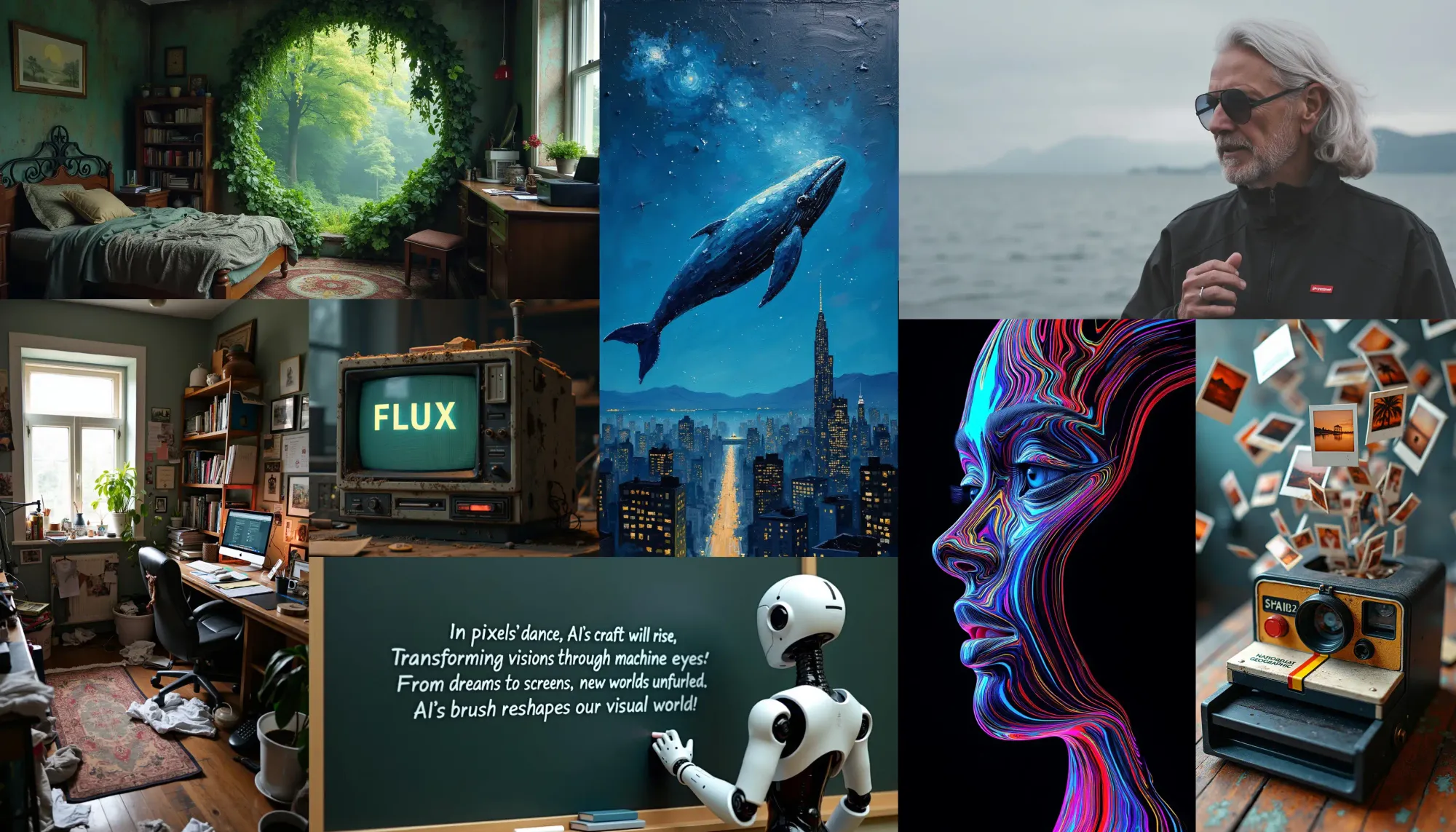 Collage of AI-generated Flux images including a whale over a city, a retro TV showing FLUX, and a robot at a chalkboard