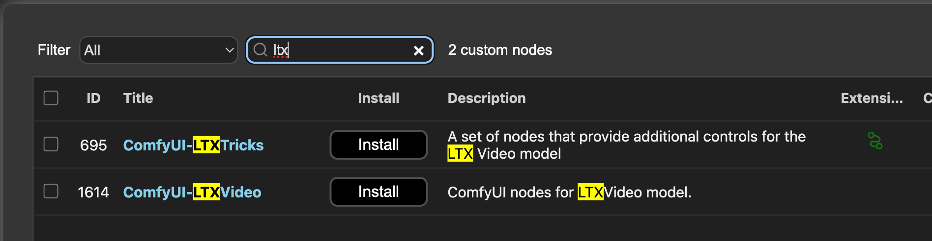 ComfyUI Manager search for ltx listing ComfyUI-LTXTricks and ComfyUI-LTXVideo custom nodes with Install buttons