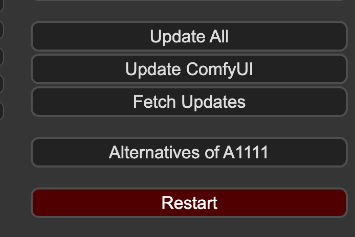 ComfyUI Manager menu with Update All, Update ComfyUI, Fetch Updates, and Restart buttons