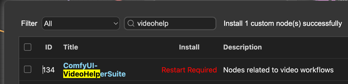 ComfyUI Manager showing ComfyUI-VideoHelperSuite installed with Restart Required status