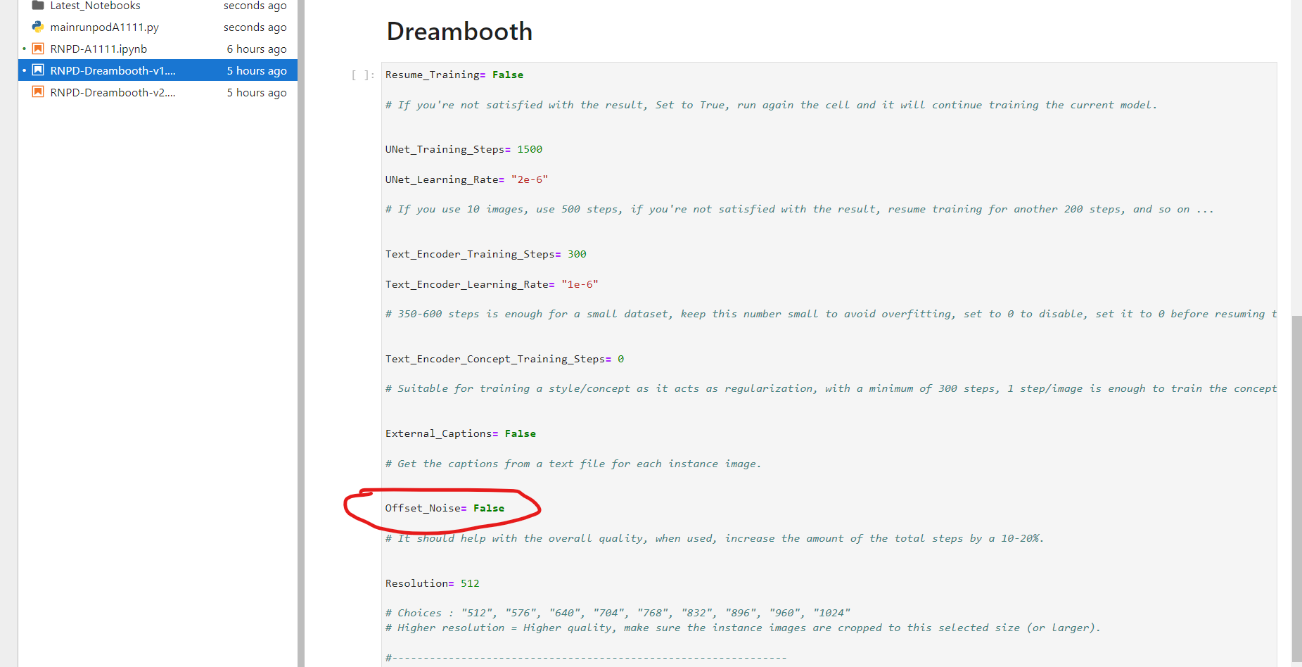 Jupyter notebook DreamBooth training settings with the Offset_Noise option circled in red