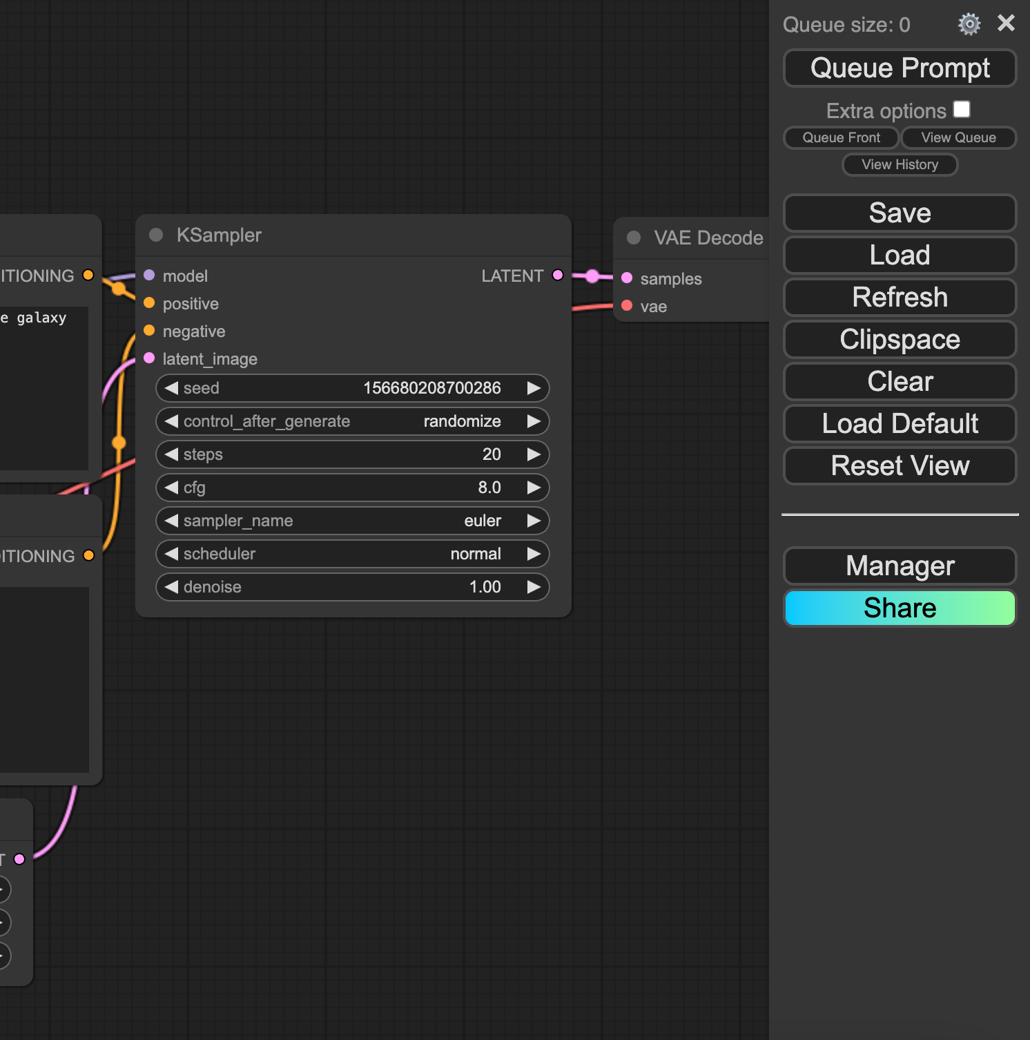 ComfyUI workflow canvas with KSampler and VAE Decode nodes beside the Queue Prompt menu