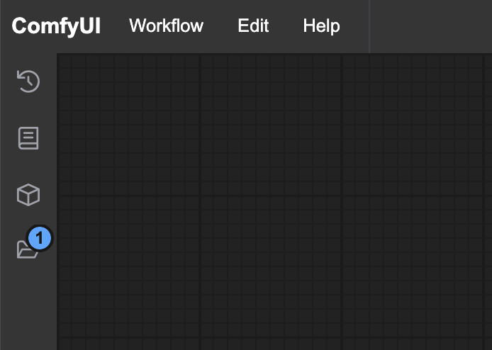 ComfyUI interface with an empty workflow canvas and sidebar icons