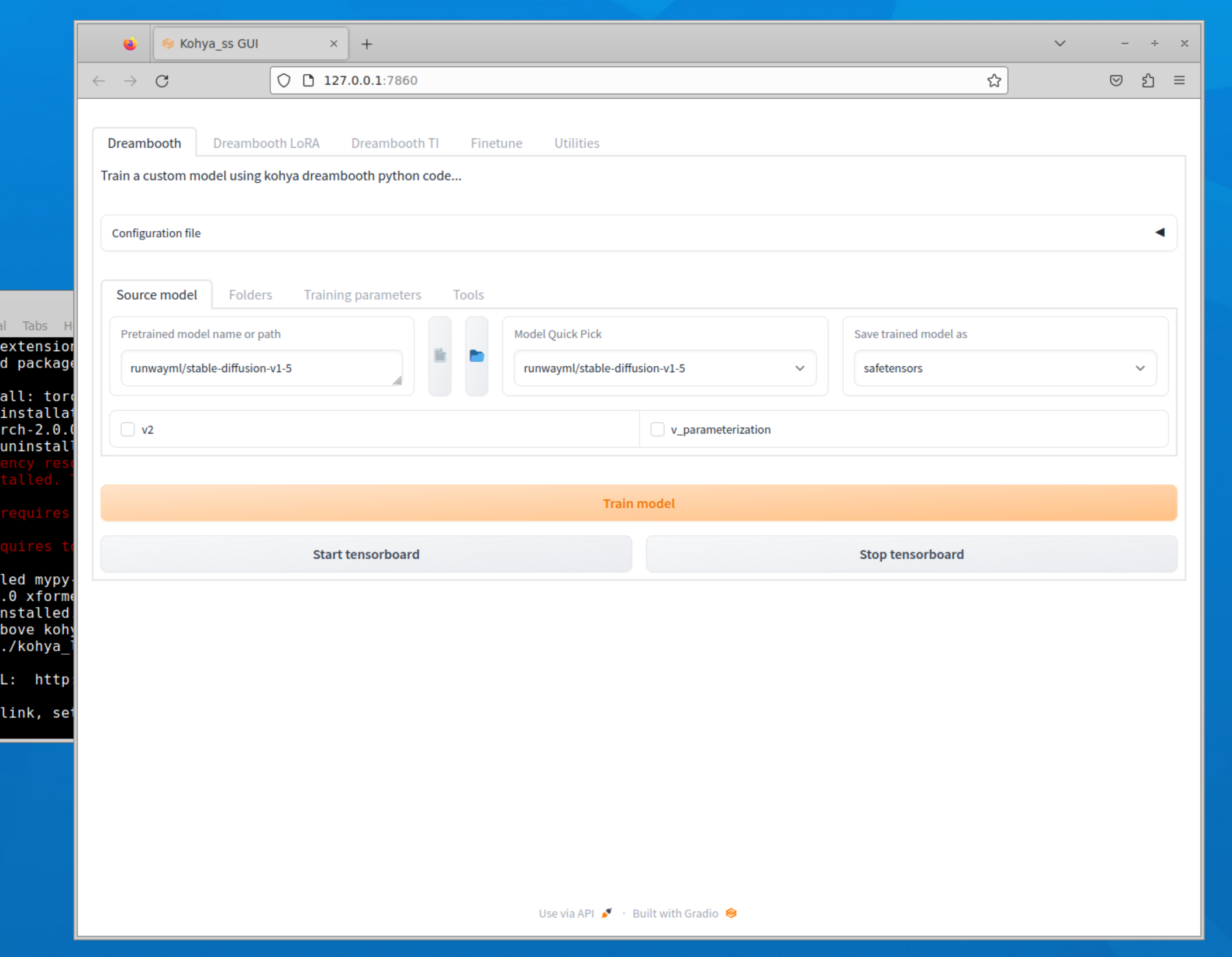 Kohya_ss GUI in a browser showing the Dreambooth tab with source model settings and Train model button