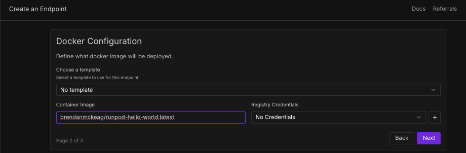 Runpod console Docker Configuration step of the Create an Endpoint form with a container image field