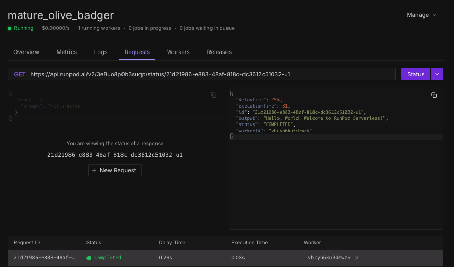 Runpod console showing a completed serverless request with Hello World JSON output