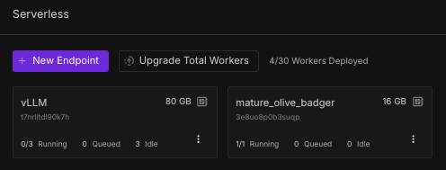 Runpod console Serverless page listing two endpoints with a New Endpoint button