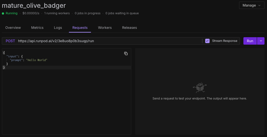 Runpod console endpoint Requests tab with a Hello World test request ready to run