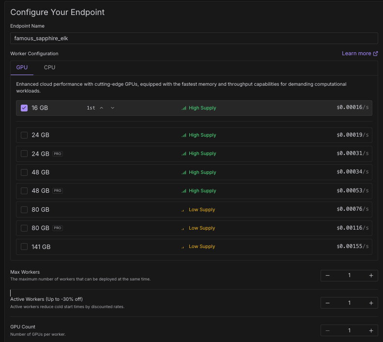Runpod console endpoint configuration form with GPU memory options, per-second pricing, and worker counts