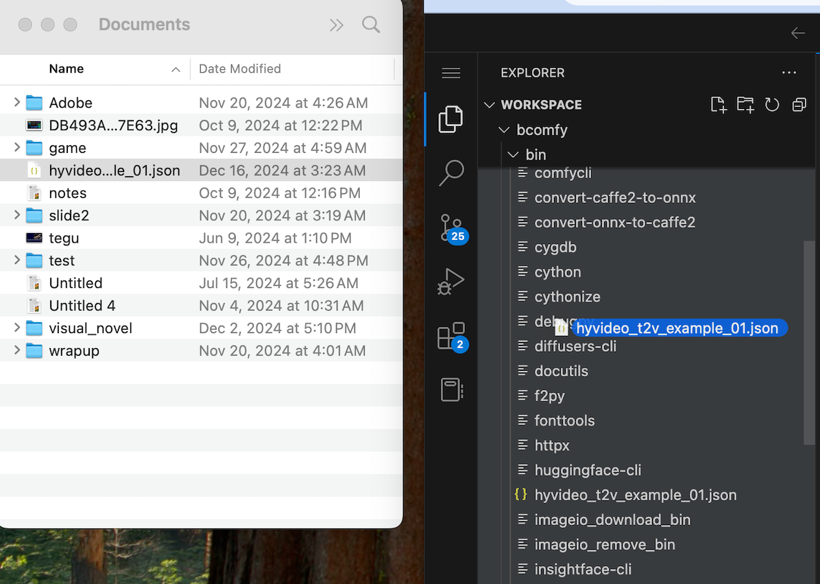 macOS Finder window next to the VS Code file explorer with hyvideo_t2v_example_01.json selected
