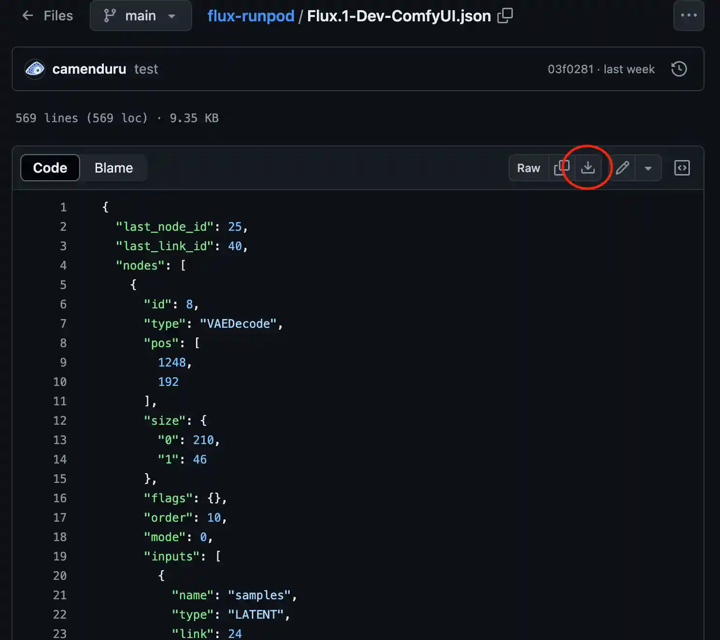 GitHub view of the Flux.1-Dev-ComfyUI.json workflow file with the download button circled in red