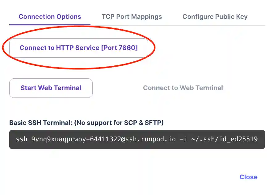 Connect to HTTP service port in Run Flux Image Generator in ComfyUI on Runpod