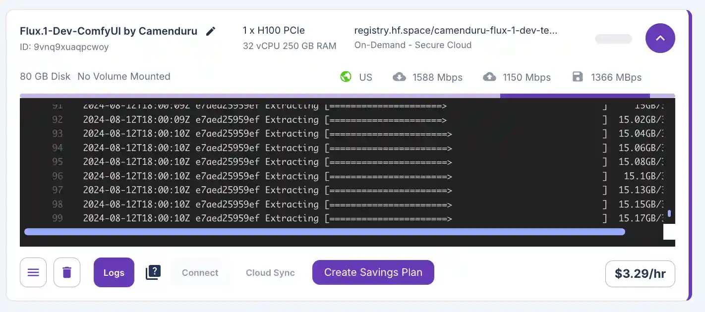 Runpod console logs for a Flux.1-Dev ComfyUI pod on an H100 showing the container image extracting