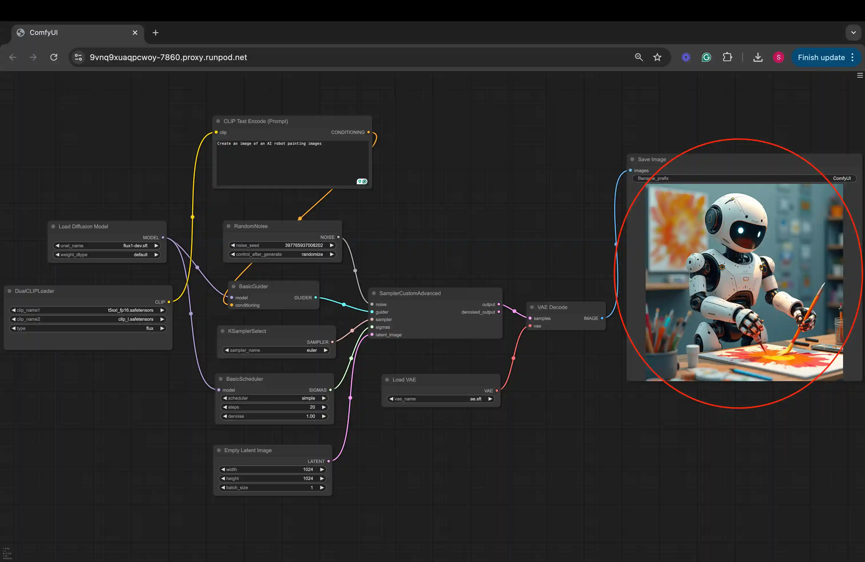 ComfyUI in a browser with the Save Image node circled, showing a generated image of a robot painting