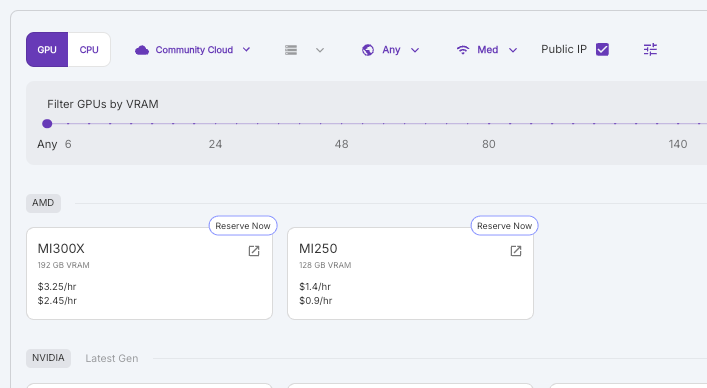 Runpod console GPU selection with VRAM filter, showing AMD MI300X and MI250 cards with hourly prices