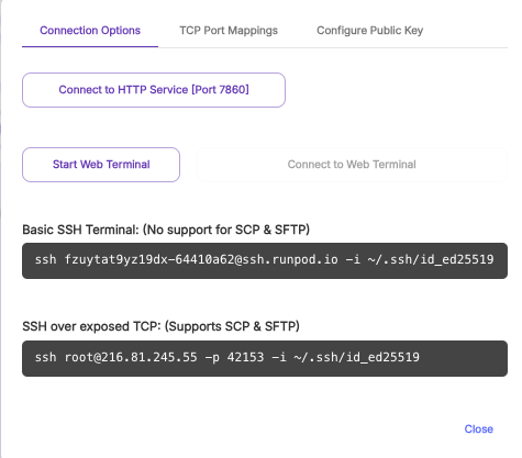 Runpod connection options dialog showing basic SSH terminal and SSH over exposed TCP commands