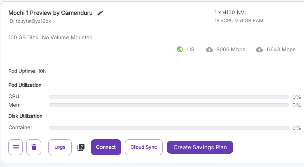 Runpod pod card for Mochi 1 Preview on one H100 NVL showing utilization stats and a Connect button
