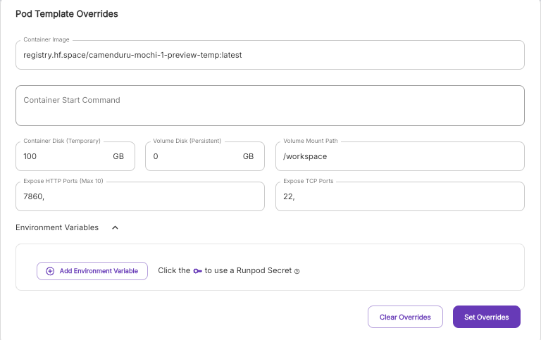 Runpod pod template overrides form with container image, disk sizes, ports, and environment variables