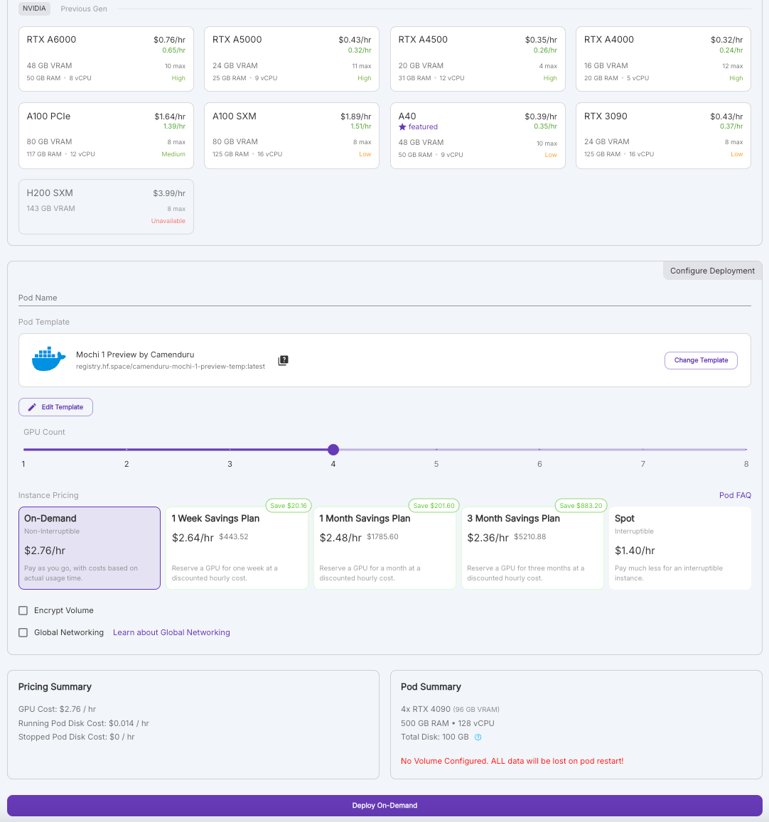 Runpod deploy page with NVIDIA GPU options and pod configuration for the Mochi 1 Preview template