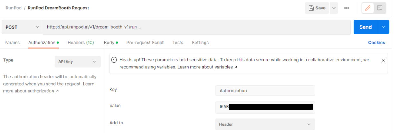 Postman Authorization tab with API Key type and a redacted key for the Runpod DreamBooth API request