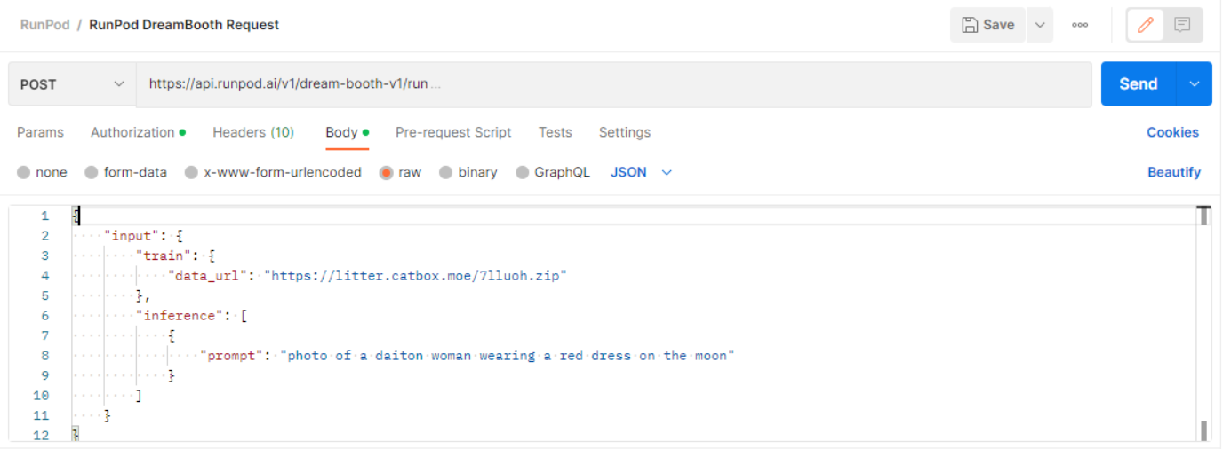 Postman raw JSON body with a training data_url and an inference prompt for the Runpod DreamBooth API