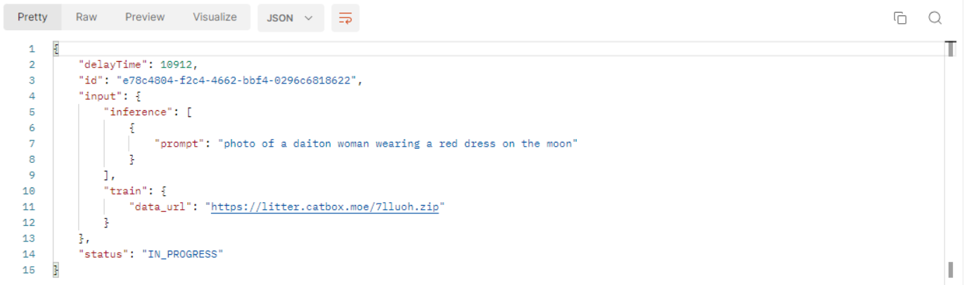 Postman response JSON showing the DreamBooth job status IN_PROGRESS with its input prompt and data_url