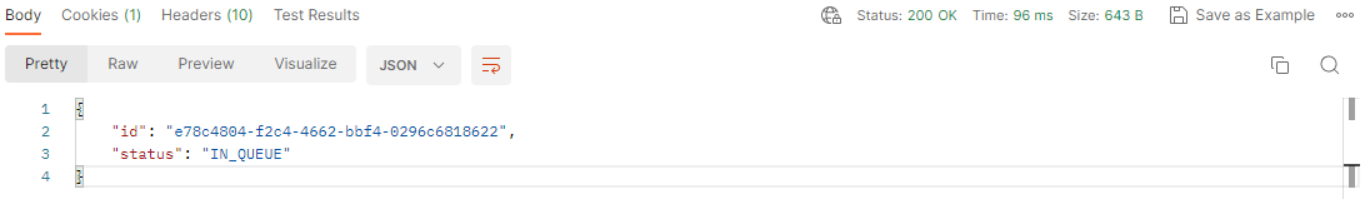 Postman response showing a job id and status IN_QUEUE from the Runpod DreamBooth API