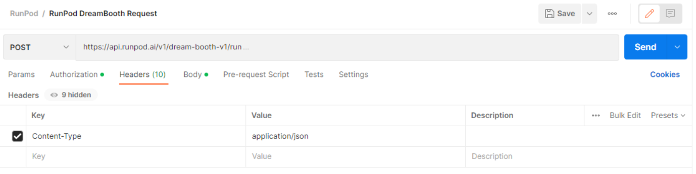 Postman Headers tab showing Content-Type application/json on the Runpod DreamBooth API request