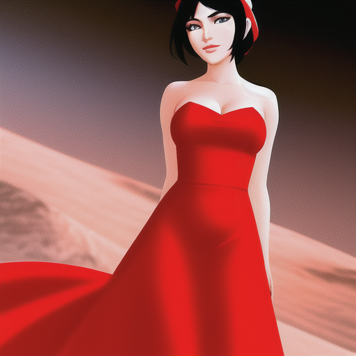 AI-generated image of a dark-haired woman in a red strapless dress, produced by the DreamBooth job