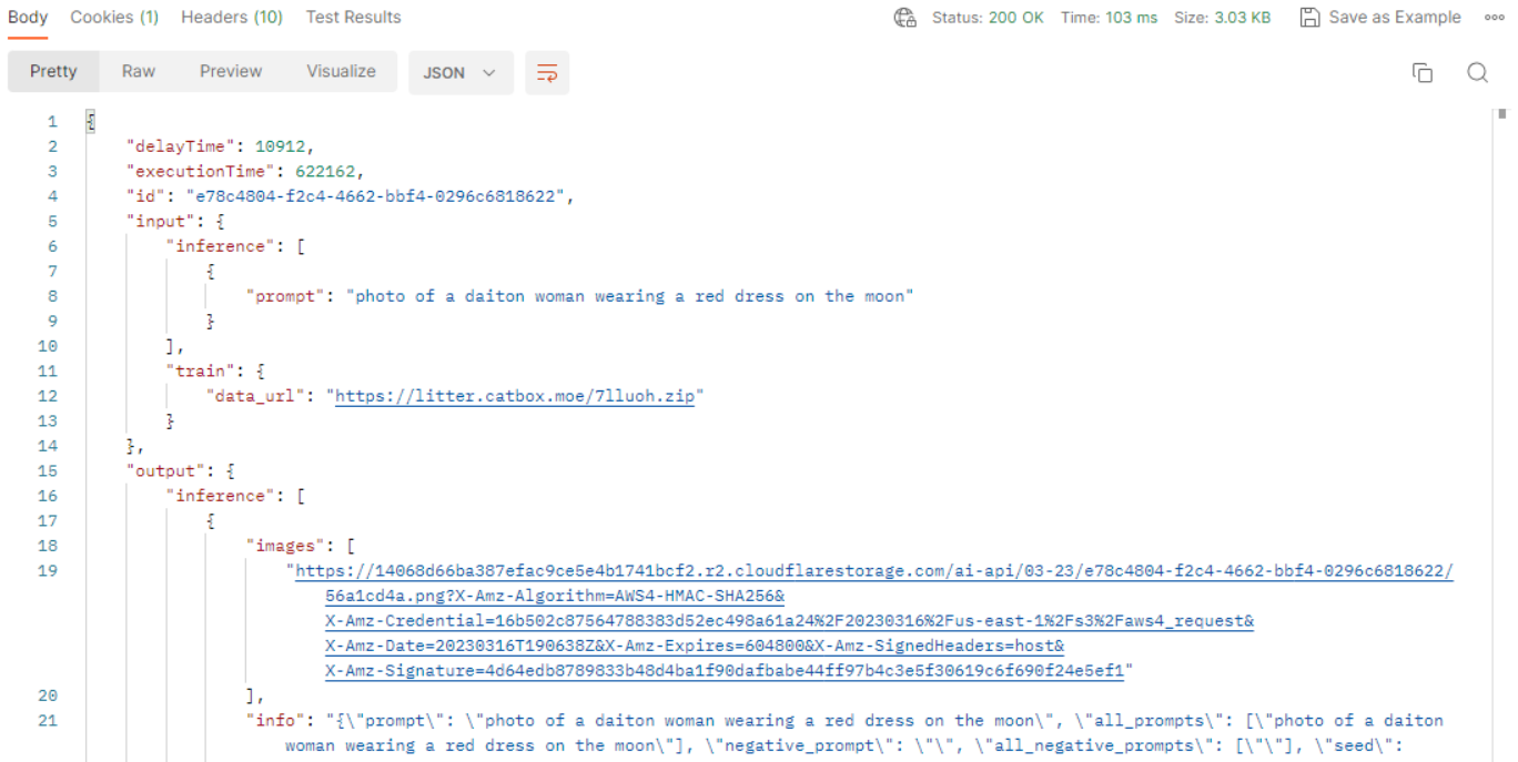 Postman 200 OK response with the finished DreamBooth job output containing a generated image URL