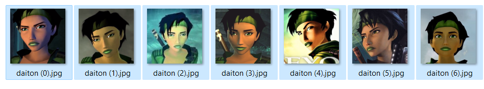 Seven DreamBooth training images of a video game character, saved as daiton (0) through daiton (6)