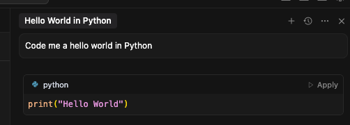 Cursor chat answering a hello world prompt with the Python code print("Hello World")