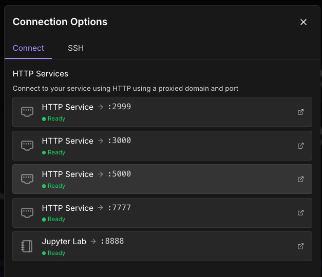 Runpod connection options listing HTTP services on several ports and Jupyter Lab on port 8888